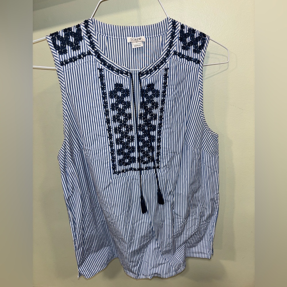 J. Crew Factory Cornflower & White Striped w Navy Embroidery, Tassels Top - sz 6